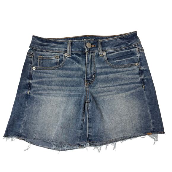 American Eagle Super Stretch Midi Jean Shorts Womens 8 Distressed Frayed Hem - Picture 1 of 14